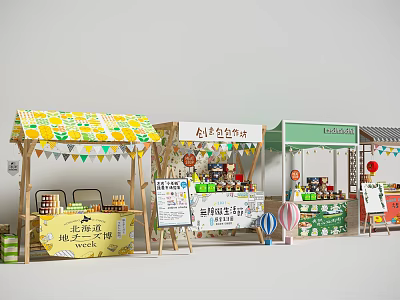 Vibrant Commercial Street Featuring Diverse Food Stalls Traditional Snacks Decorative Flags And Balloon Decorations 3d model