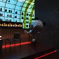 Bar Interior Featuring Wine Bottle Display Green Cartoon Doll Round Table Black Chairs Red Lighting
