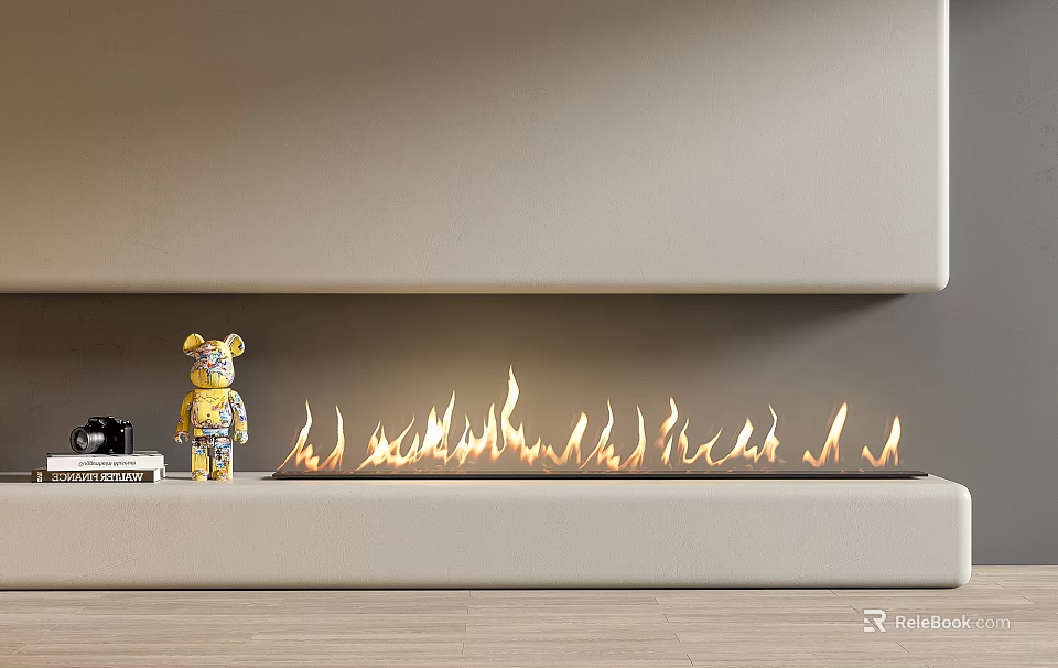 Modern Fireplace Featuring Realistic Flames And Decorative Stuffed Bear With Books And Camera Nearby 3d model 