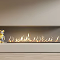 Modern Fireplace Featuring Realistic Flames And Decorative Stuffed Bear With Books And Camera Nearby