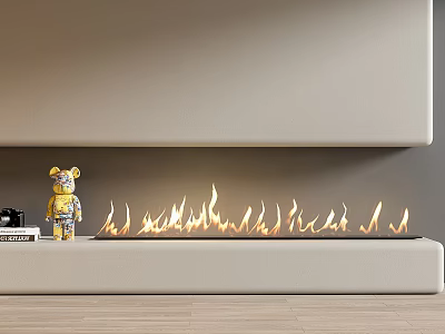 Modern Fireplace Featuring Realistic Flames And Decorative Stuffed Bear With Books And Camera Nearby 3d model