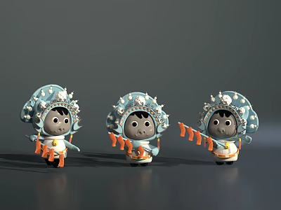 Cartoon Style Game and Movie Characters with Blue Headdresses and Orange Streamers 3d model
