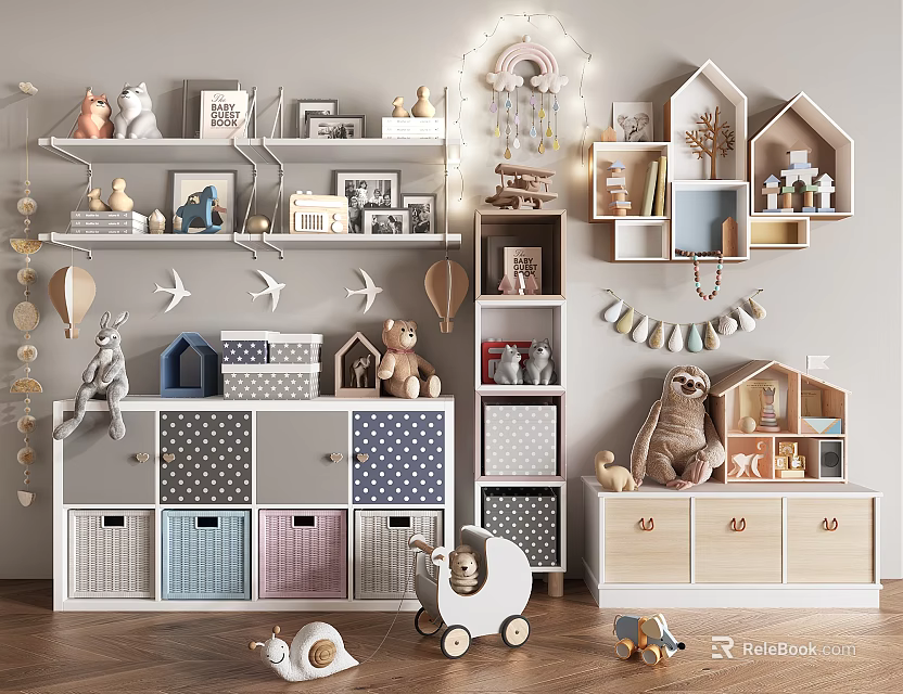 Kids Children Bookcase With House Shaped Shelves Drawers Stuffed Toys Photo Frames And Airplane Decorations 3d model 