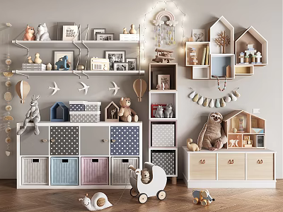 Kids Children Bookcase With House Shaped Shelves Drawers Stuffed Toys Photo Frames And Airplane Decorations 3d model