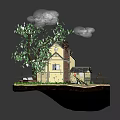 Rustic Cottage With Sloped Roof Chimney Windows And Green Trees On Dirt Ground