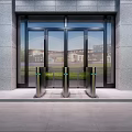 Modern Elevator Hallway With Glass Skylight Access Gates Green Plant And Gray Walls