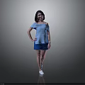 Woman In Stylish Blue Off Shoulder Top Blue Skirt And White Shoes On Gray Background