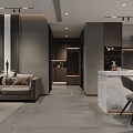 Modern Living Room With Gray Sofa Red Armchair Open Fireplace And Floor to Ceiling Windows