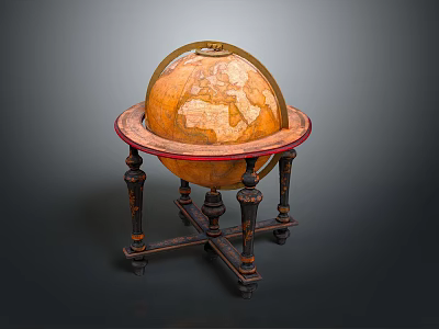 Antique Brown Globe With Detailed World Map On Carved Wooden Stand 3d model