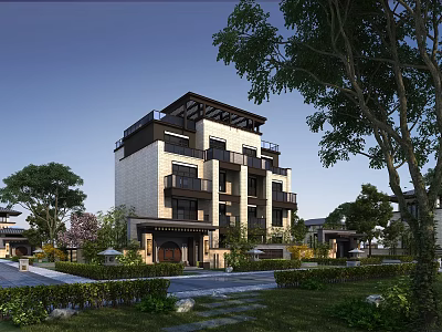 Elegant Modern Semi Detached Villa Exterior With Landscaped Garden And Trees 3d model