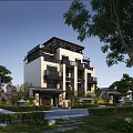 Elegant Modern Semi Detached Villa Exterior With Landscaped Garden And Trees
