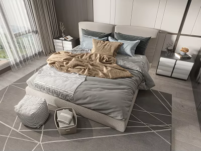 Modern Elegant Double Bed Bedroom Interior With Gray Bedding Pillows And Area Rug 3d model