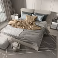 Modern Elegant Double Bed Bedroom Interior With Gray Bedding Pillows And Area Rug