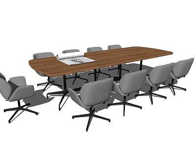 Long Wooden Conference Table With Gray Chairs And Documents In Office Meeting Space 3d model