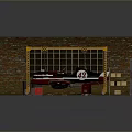 Vintage Red Motorcycle In Workshop With Yellow Rack Bricked Walls And Grid Window