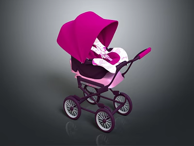 Pink Baby Stroller With Canopy And Purple Wheels Stylish Design For Toddler 3d model