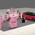 Pink Art Installation For Shanghai Volkswagen Exhibition Booth With Floral Decorations And Red Car