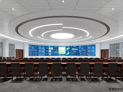 Modern Monitoring Room Interior With Large Digital Display Wall And Control Panels 3d model
