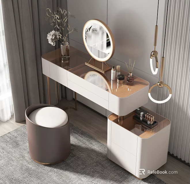 Modern Dressing Table With Round Mirror Wooden Top Metal Frame Vanity Stool And Makeup Items 3d model 