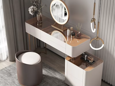 Modern Dressing Table With Round Mirror Wooden Top Metal Frame Vanity Stool And Makeup Items 3d model