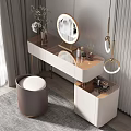 Modern Dressing Table With Round Mirror Wooden Top Metal Frame Vanity Stool And Makeup Items