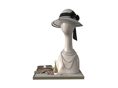 Black and White Vintage Hat with Bow on Mannequin with Pearl Necklace Glasses and Perfume 3d model