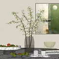 Decorative Ornament Set With Clear Vase Green Branches White Fruit Plate And Green Wall Art