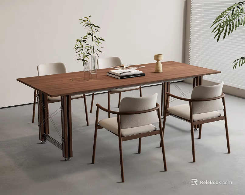 Wooden Dining Table Set With Four Chairs Light Gray Cushions Vase Green Plants Open Book 3d model 