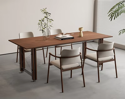 Wooden Dining Table Set With Four Chairs Light Gray Cushions Vase Green Plants Open Book 3d model