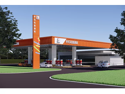 Orange Roof Refueling Gas Station With Vehicles Trees And Grass Area 3d model