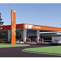 Orange Roof Refueling Gas Station With Vehicles Trees And Grass Area