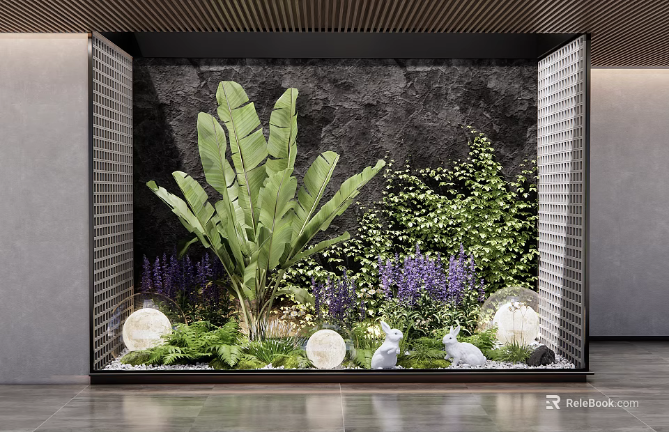 Lush Indoor Landscape With Large Banana Leaves Purple Flowers White Rabbit Ornaments And Round Lamps 3d model 