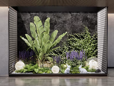 Lush Indoor Landscape With Large Banana Leaves Purple Flowers White Rabbit Ornaments And Round Lamps 3d model