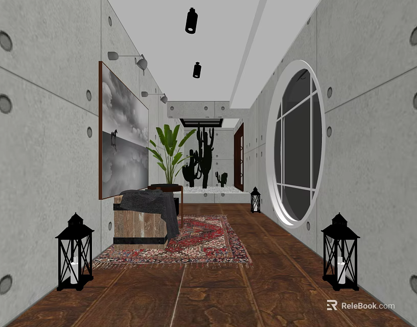 Modern Elevator Hallway With Wooden Flooring Circular Window Green Plant Rug And Black Lanterns 3d model 