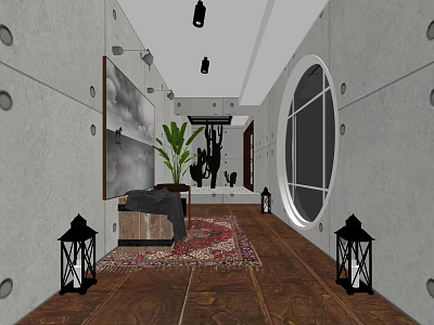 Modern Elevator Hallway With Wooden Flooring Circular Window Green Plant Rug And Black Lanterns 3d model