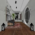 Modern Elevator Hallway With Wooden Flooring Circular Window Green Plant Rug And Black Lanterns