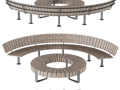 Modern Outdoor Landscape Seating With Wooden Slats And Metal Frame Circular Curved Design 3d model