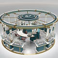 Silver Jewelry Store Circular Booth With Blue Counters Golden Frames And Glass Displays