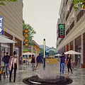 Vibrant Commercial Street With Pedestrians Shopping Central Fountain Outdoor Tables Umbrellas Illuminated Storefronts String Lights
