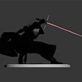 Game Movie Character In Black Cloak With Mask Holding Red Lightsaber Crouching On White Base