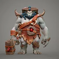 Horned Muscular Mythical Game Movie Character With Orange Armor Axe Clawed Feet And Red Gem
