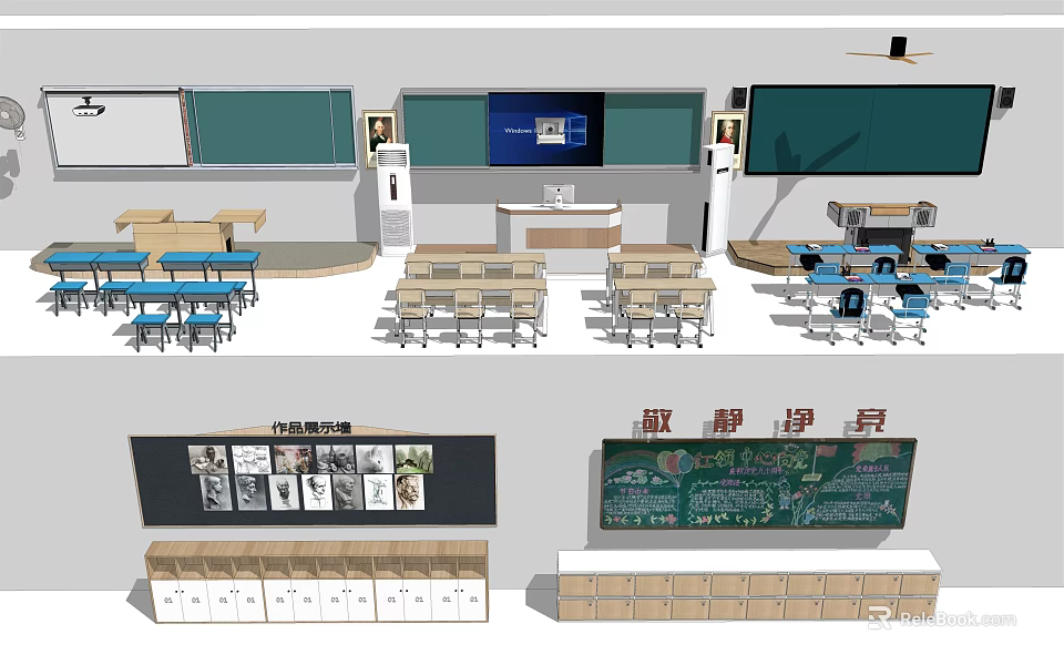 Classroom Wall Hangings Featuring Modern Educational Displays And Decorative Cabinets 3d model