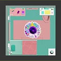 Cartoon Bedroom with Light Blue Walls Pink Bed Red Plum Blossom Decor Dresser and Curtains