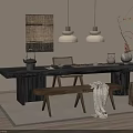 Natural Style Wooden Tea Table and Chairs with Hanging Lamps Decorative Painting and Vase
