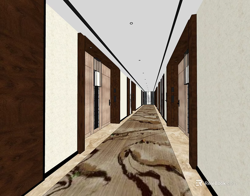 Modern Elevator Hallway Interior With Wooden Panels White Walls And Patterned Carpet 3d model