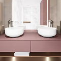Modern Bathroom Vanity With Double White Washbasins Pink Countertop Marble Walls And Large Mirror