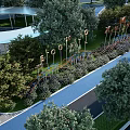 Modern Park Landscape With Blue Pathway Lush Green Trees And Decorative Flags