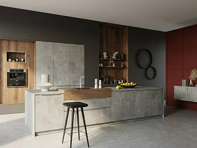 Modern Restaurant Kitchen Interior With Gray Cabinets Wooden Elements Island Counter Black Stool Red Wall 3d model