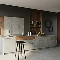 Modern Restaurant Kitchen Interior With Gray Cabinets Wooden Elements Island Counter Black Stool Red Wall