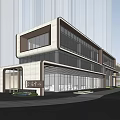 Modern Sales Office Building With Glass Curtain Walls Green Lawn And Pedestrians